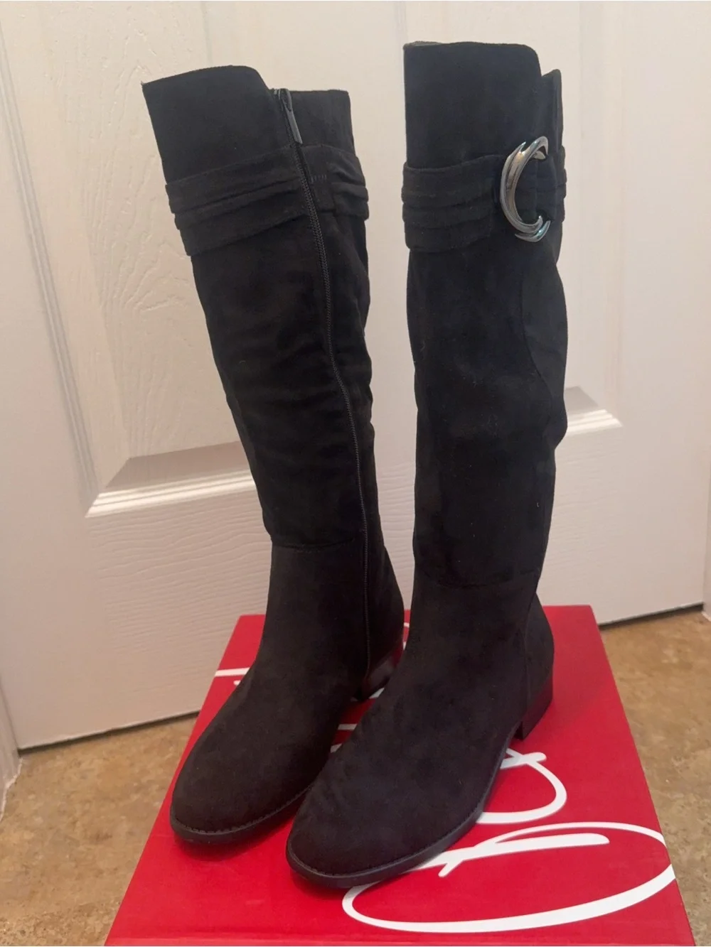 Impo Bayla Black Knee-High Suede Boots with Decorative Buckle Size:US 6